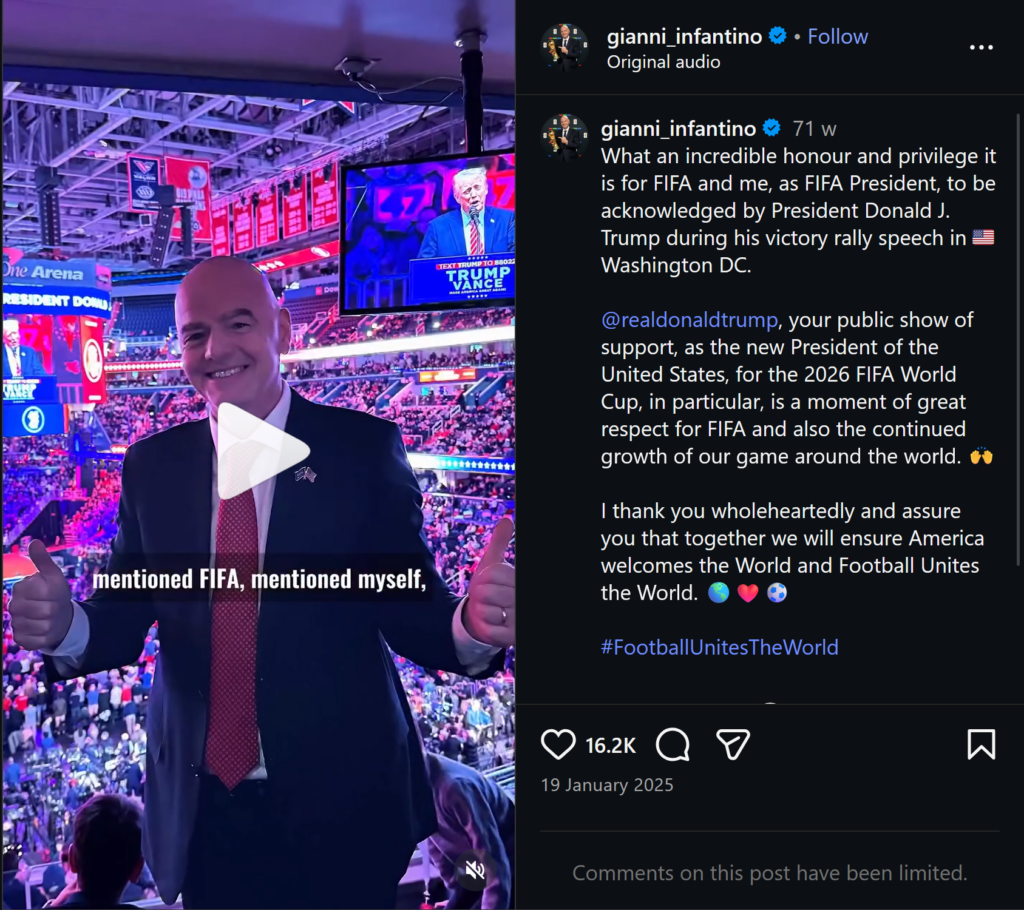 A screenshot of Infantino's instagram post of 19 January 2025.