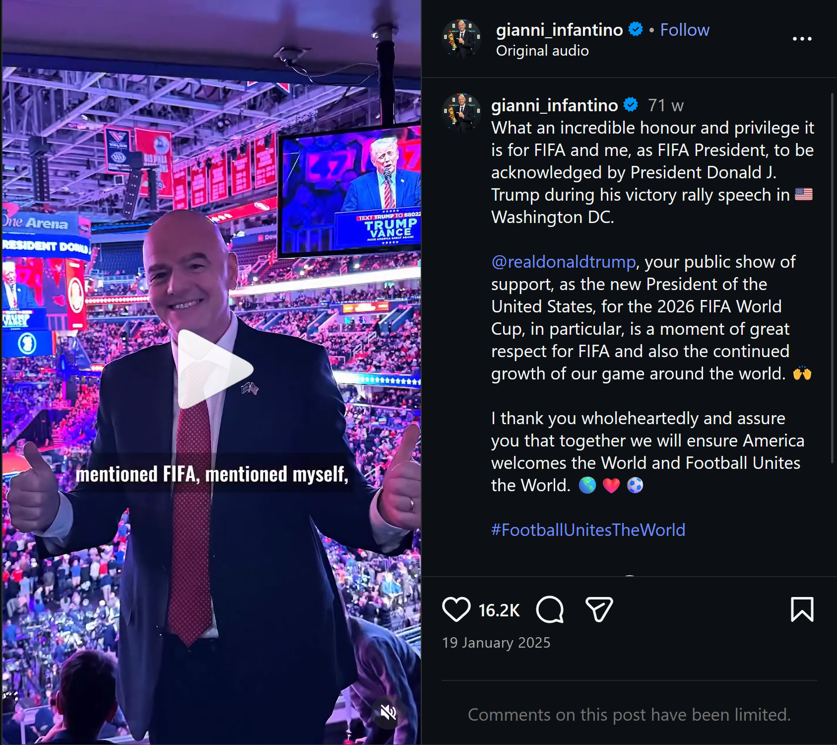 A screenshot of Infantino's instagram post of 19 January 2025.