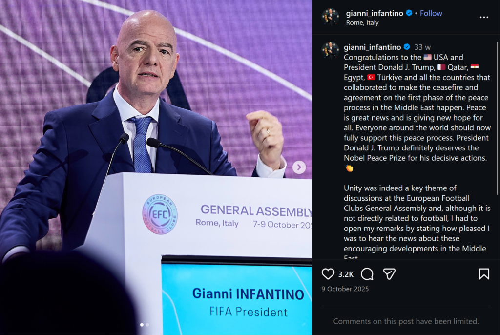 A screenshot of Infantino's Instagram post on 9 October 2025