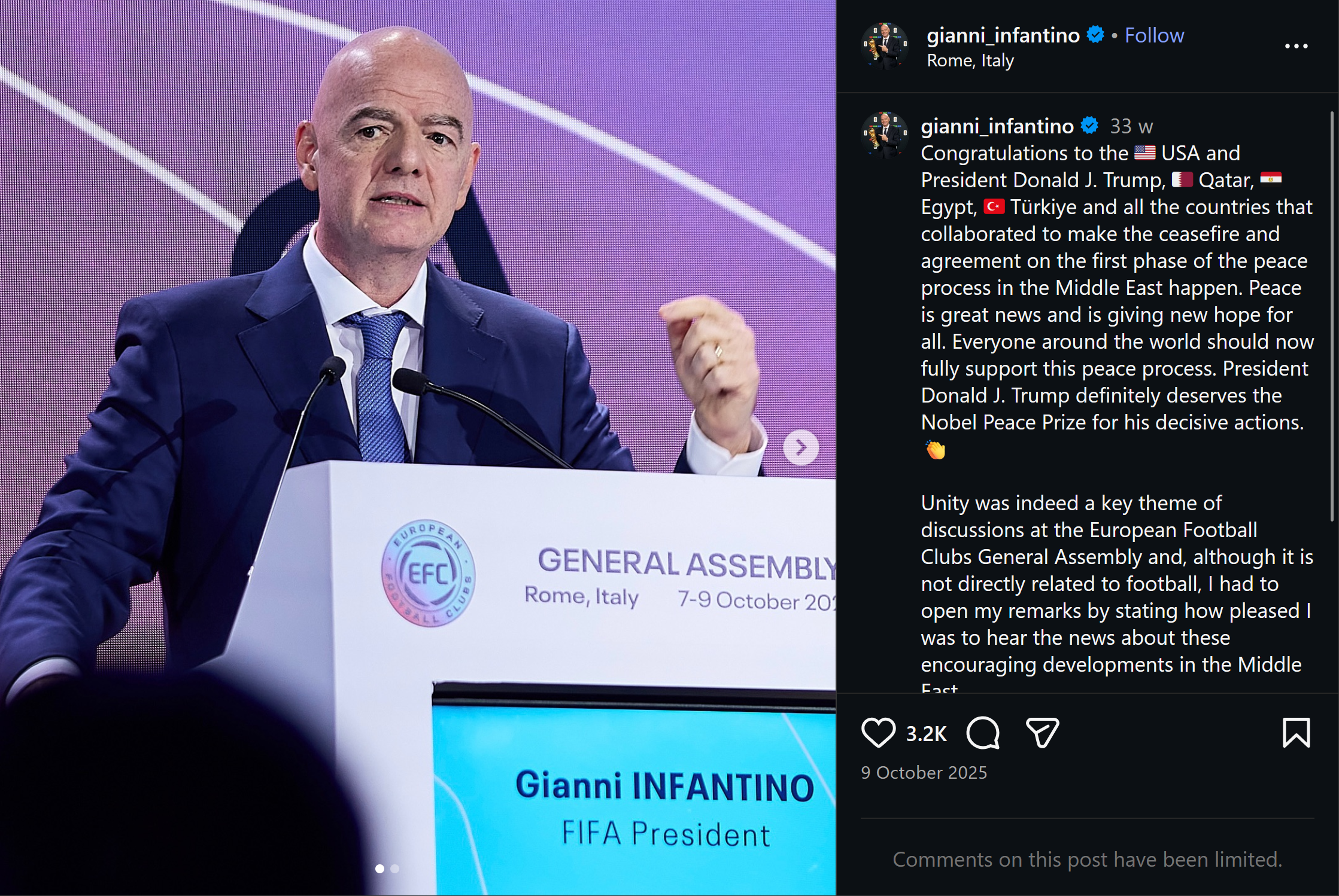A screenshot of Infantino's Instagram post on 9 October 2025