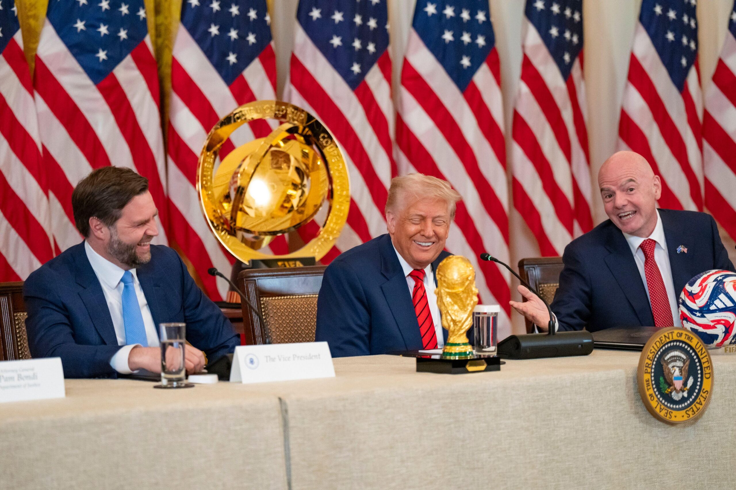 US President Donald Trump and Vice President JD Vance attend a FIFA Task Force meeting with FIFA President Gianni Infantino, May 2025, Washington DC. Credit: Geopix
